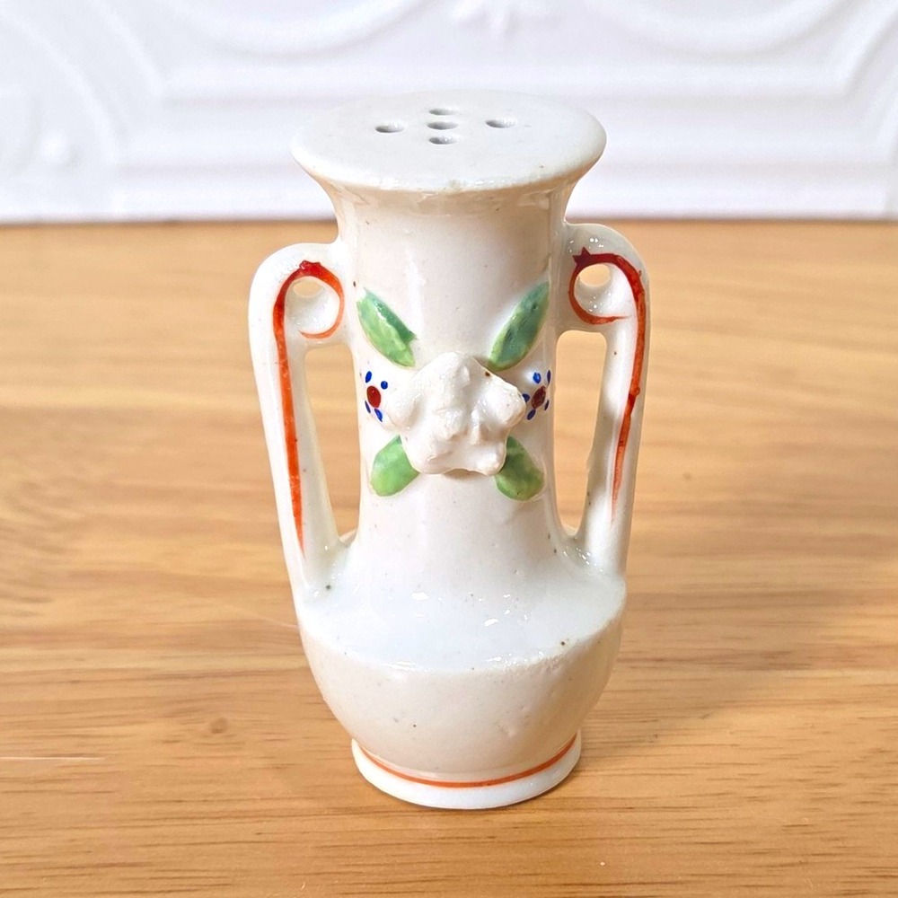 Japan Floral White Ceramic Vase-Shaped Salt Shaker w/ Cork Stopper